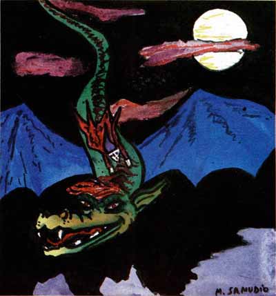 El dragón Smaug huye con el Archivero a lomos. Ilustración de Mónica Samudio (MH 208)